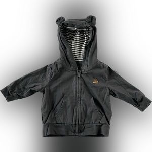 Baby Gap Zip up Hoodie 0-3 Months Gray w White + Gray Striped Hood Bear Ears